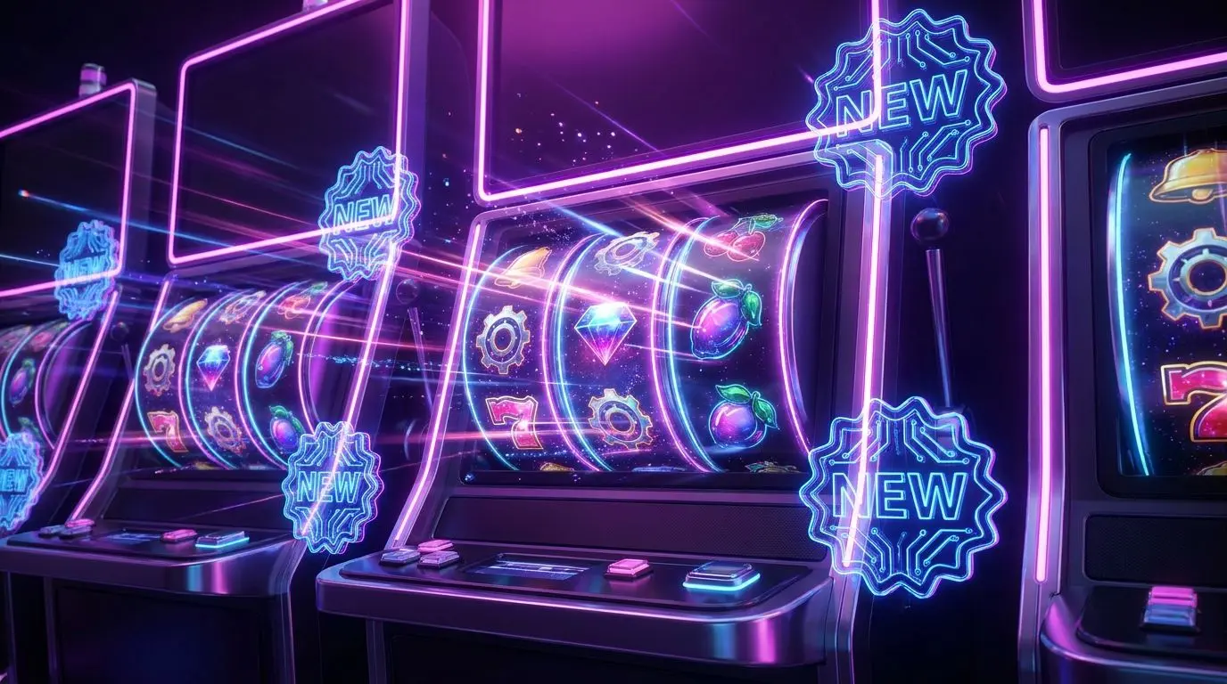 Neon themed illustration of new and trending slot-style releases