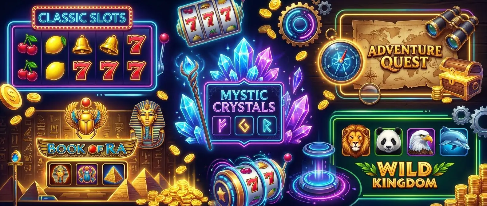 Collage of varied slot themes and symbols from classic to fantasy styles