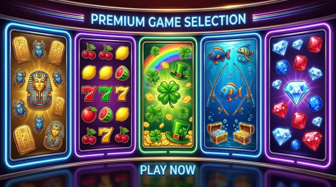Collage of varied slot-style game themes