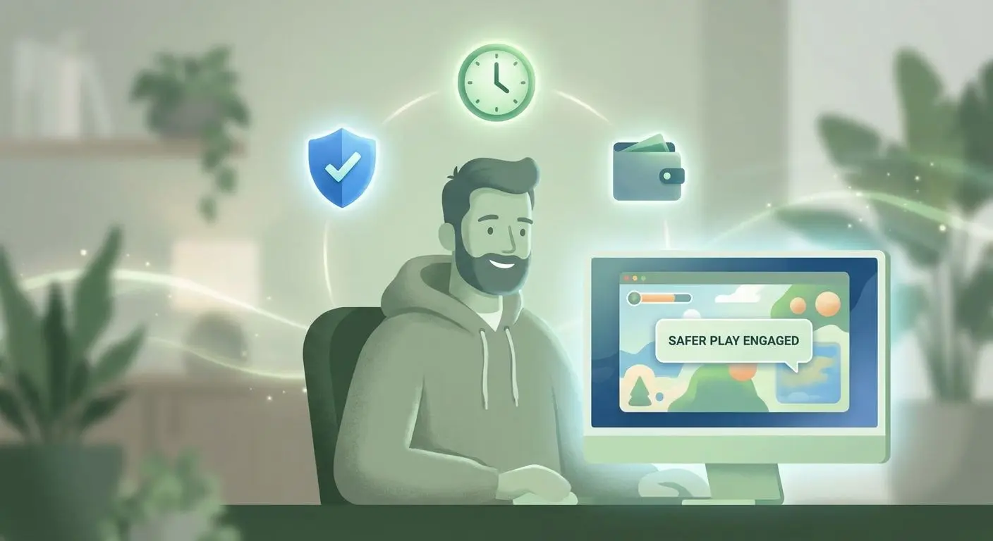 Safer play illustration with shield, clock and wallet icons