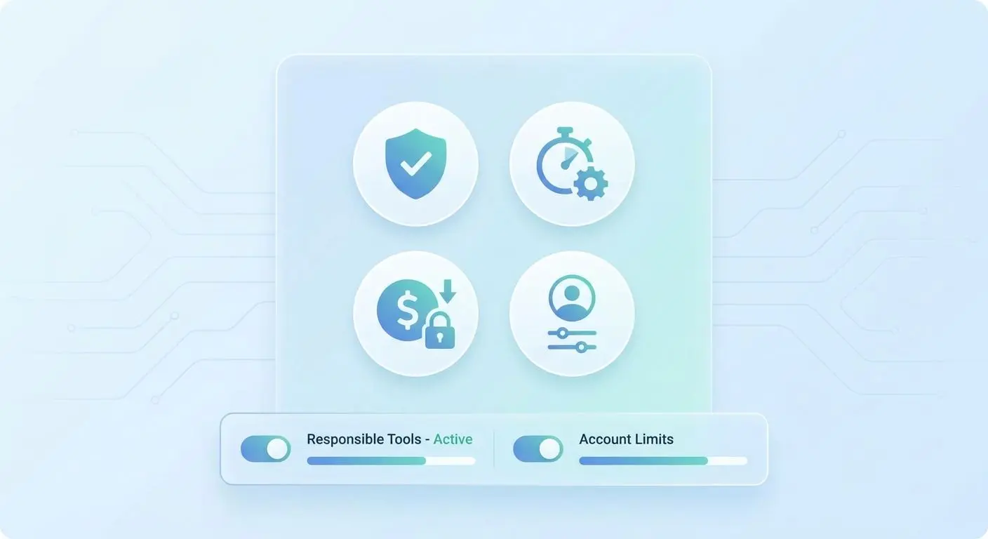 Icons showing self-exclusion, time reminders and money limits