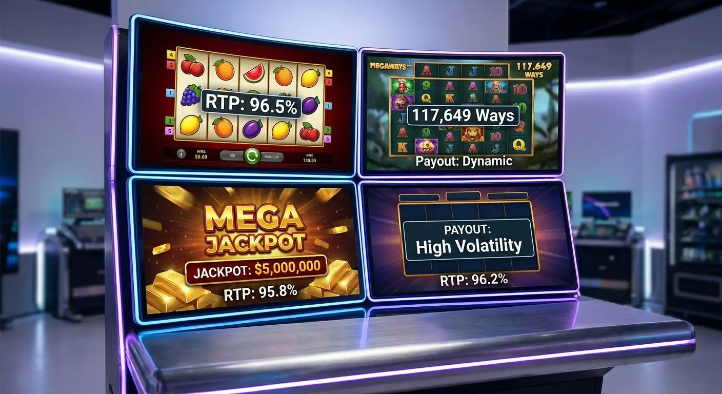 Main high RTP slot categories Collage of video, Megaways and jackpot slot styles with RTP focus