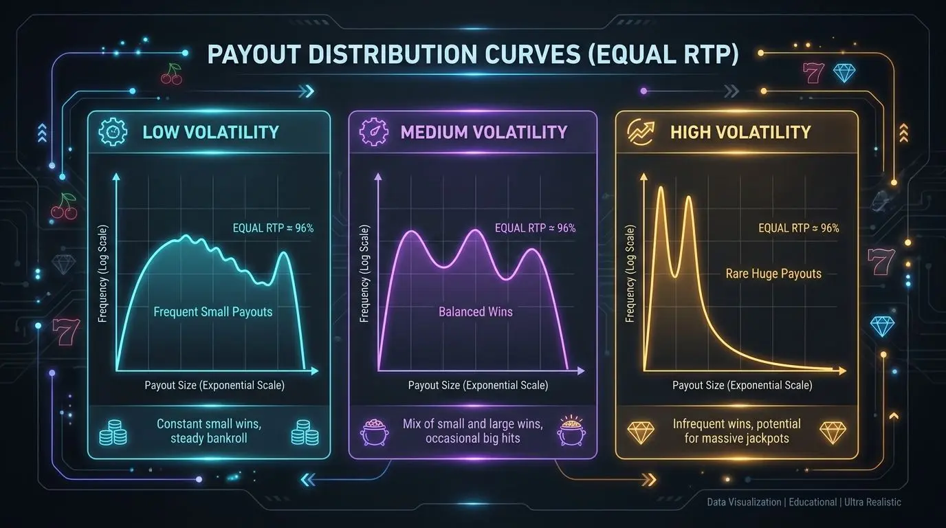 RTP and volatility comparison Infographic comparing low, medium and high volatility at equal RTP
