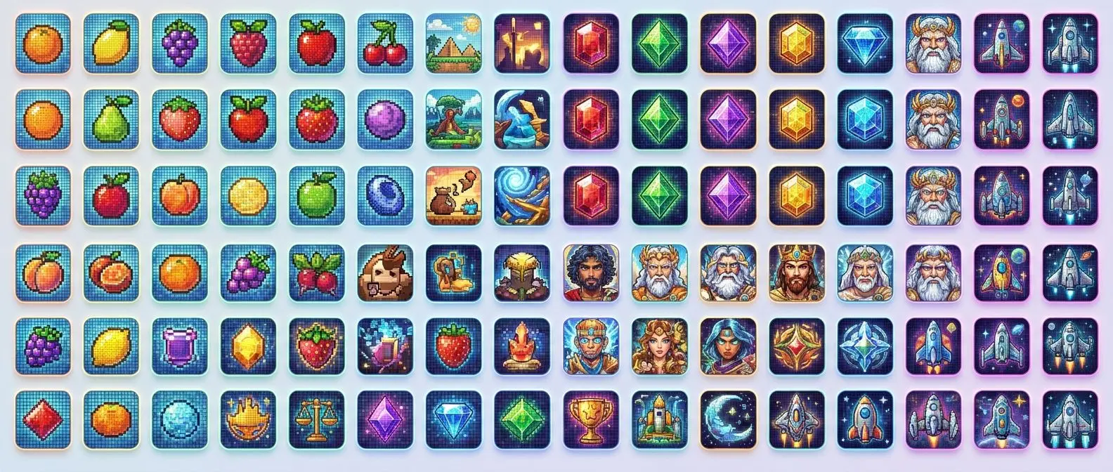 Mosaic view of a diverse online slot library with many game icons