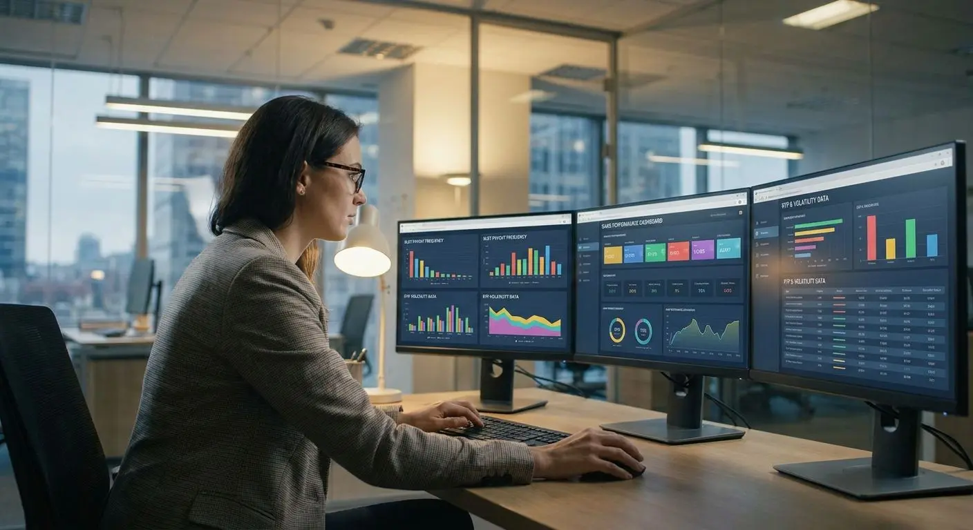 Author and RTP analyst workspace Fictional gaming analyst reviewing RTP charts on screens