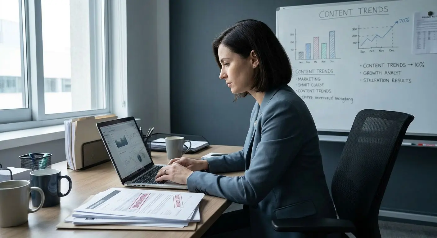 Fictional analyst reviewing GDPR notes at desk