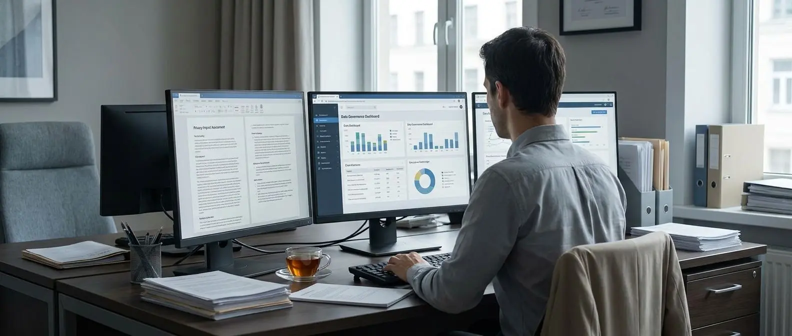 Data rights analyst reviewing documents and screen reports