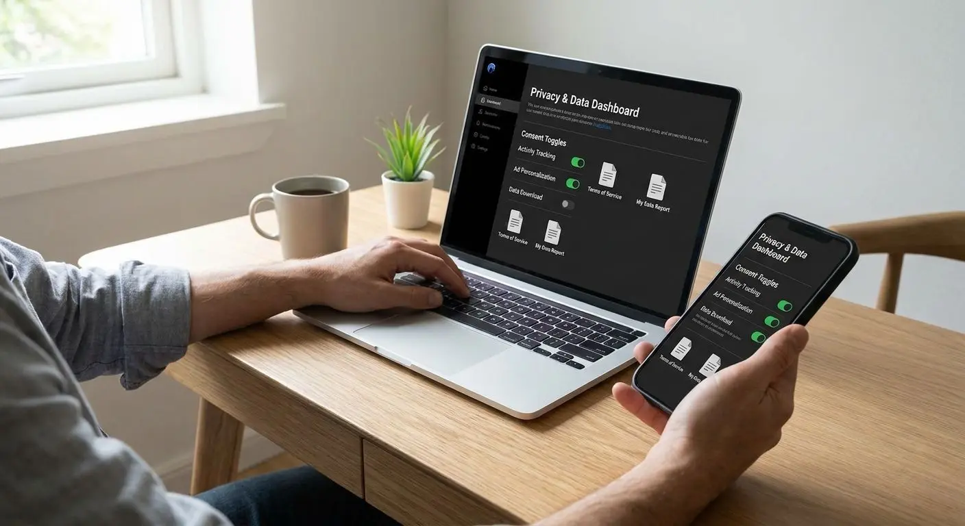User reviewing privacy settings and account data on laptop