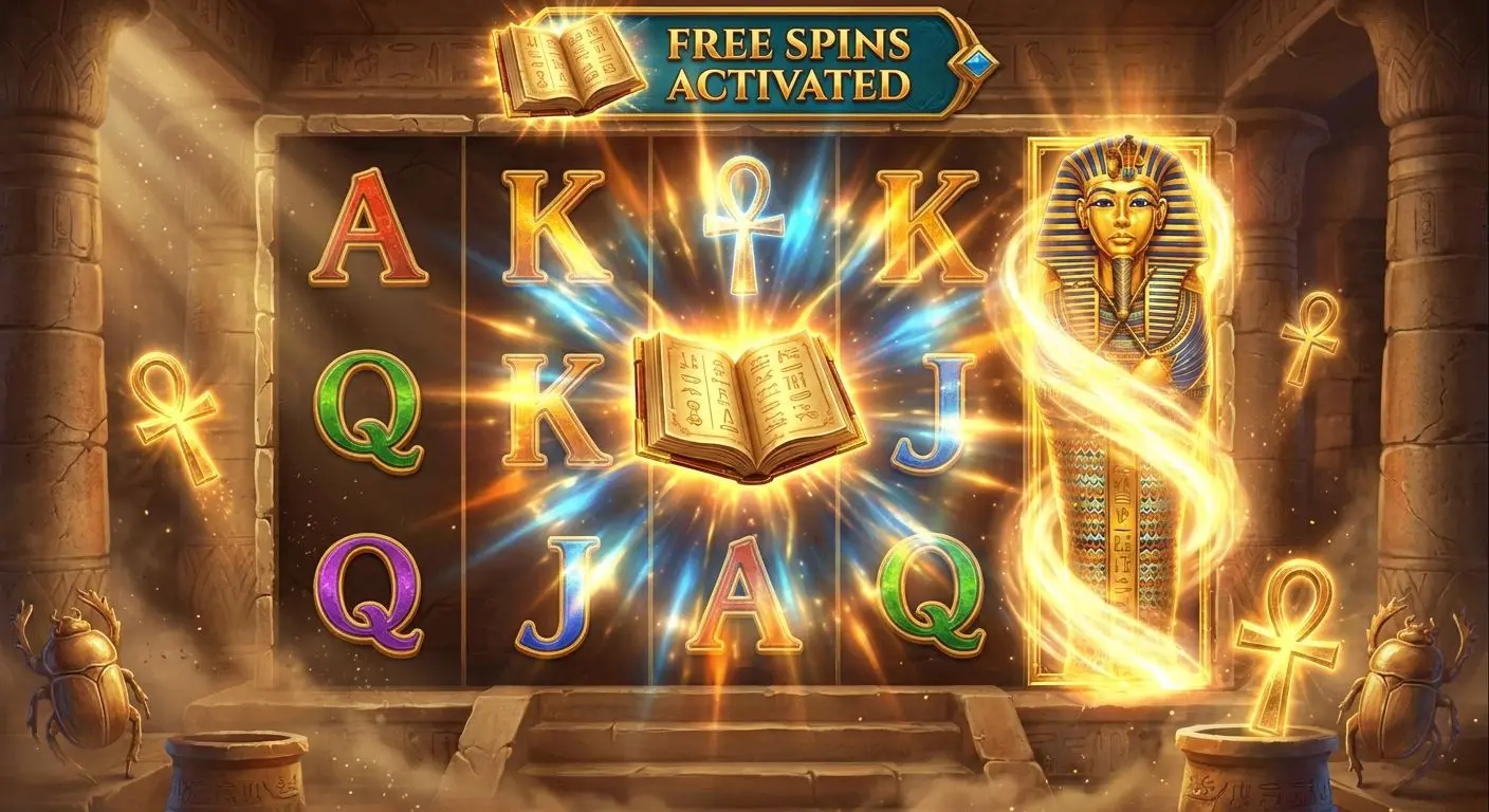 Free spins feature with expanding symbol in Book of Dead style slot