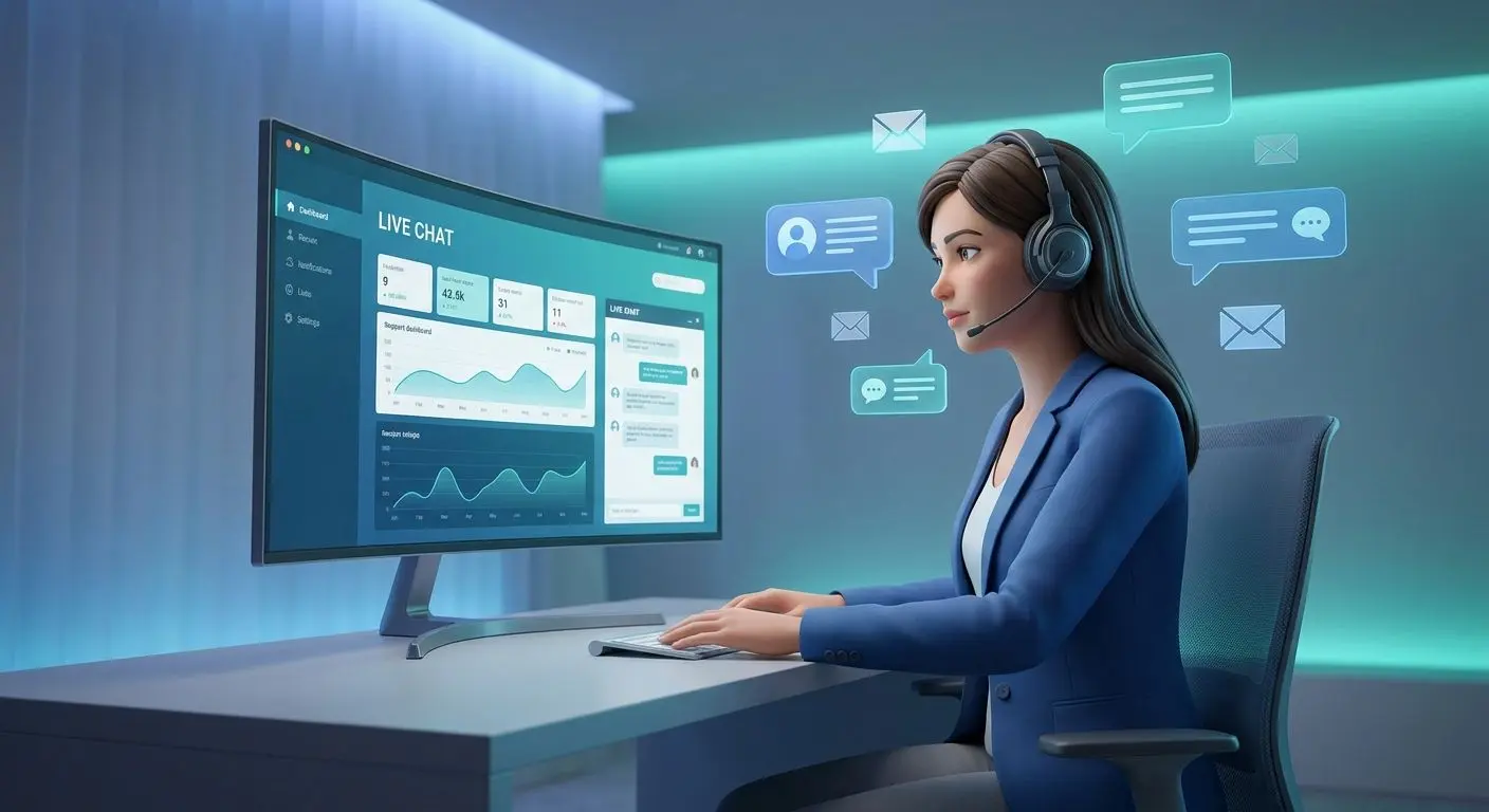 Support operator with live chat and email icons