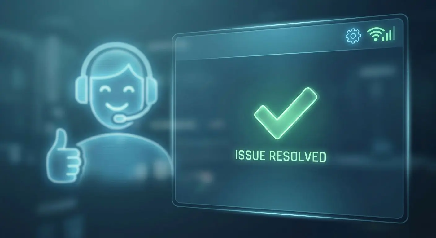 Resolved technical issue illustration with support and game screen