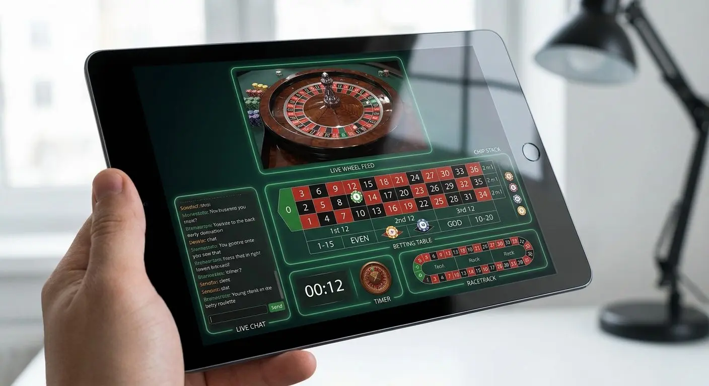 Live roulette interface with wheel, table layout, chips and chat highlighted