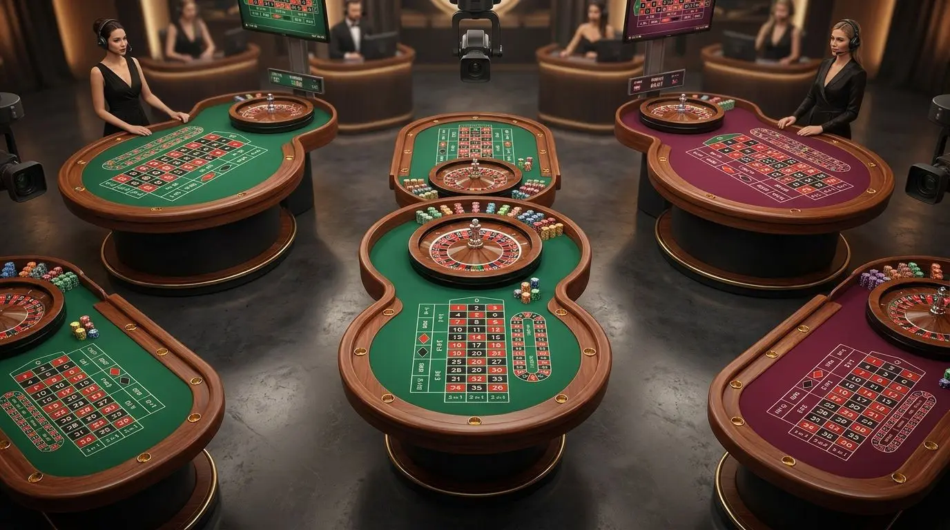 Different live roulette table styles with wheels and chips