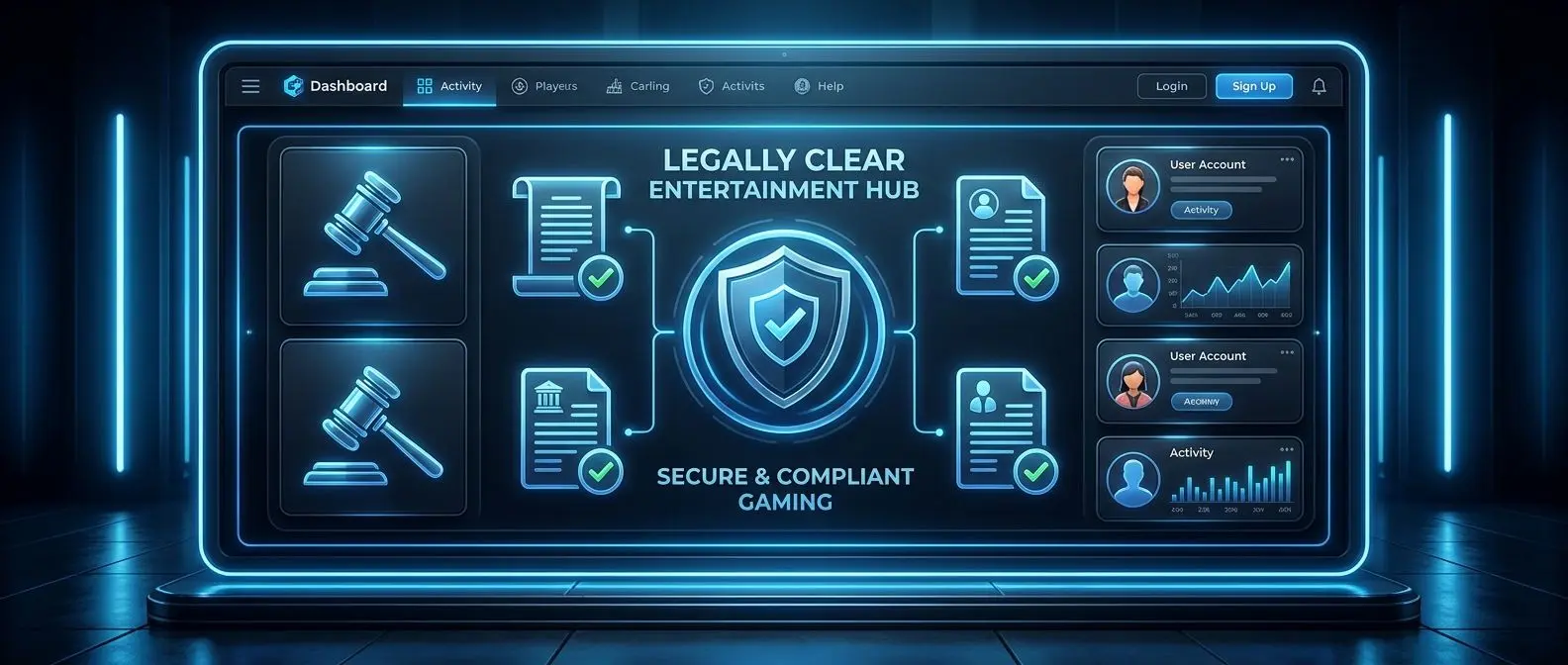 Digital platform overview with legal and account icons