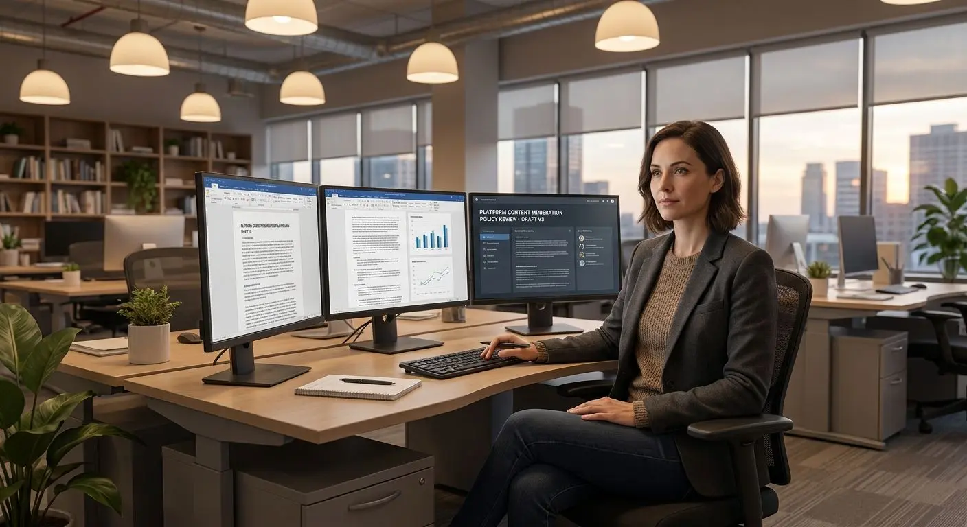 Fictional digital policy analyst reviewing platform documents