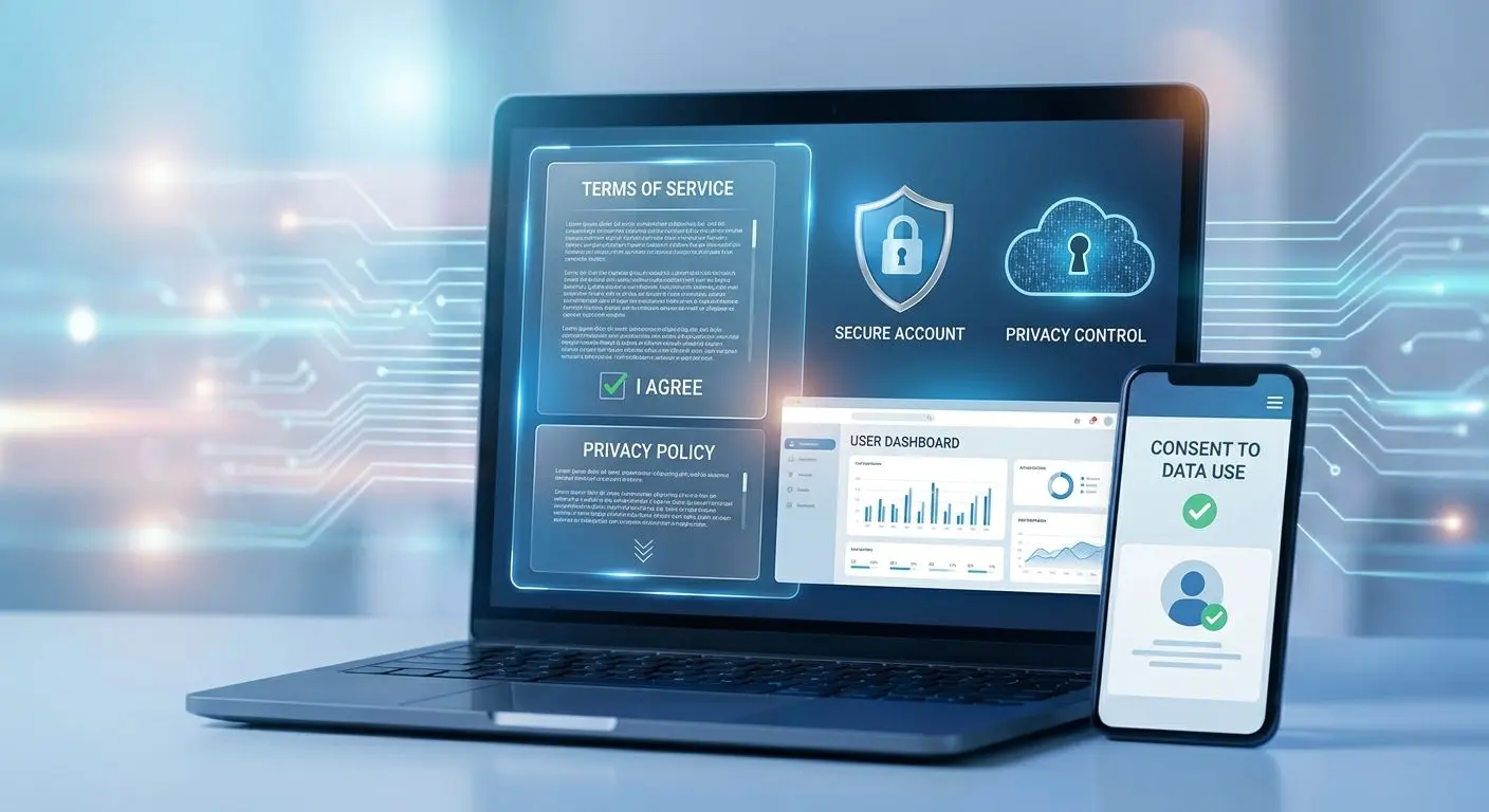 Digital platform interface with legal documents and account security elements