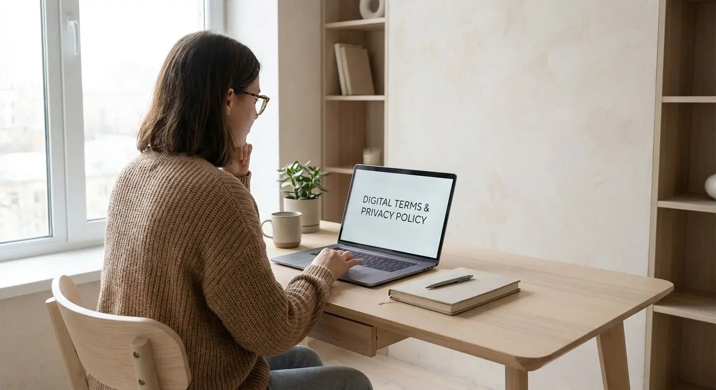 Person reading platform terms on a laptop at home