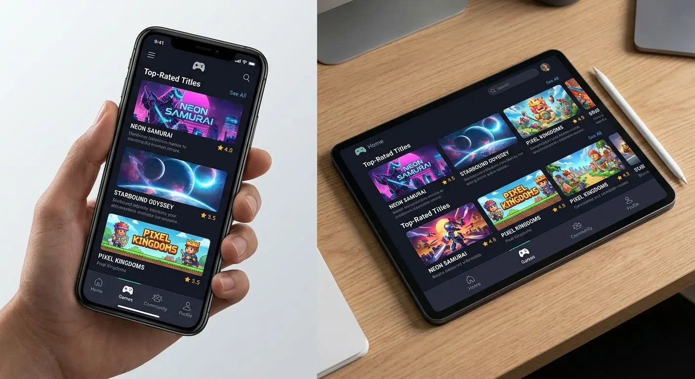 Mobile view of PlayOJO-style game browsing on smartphone and tablet