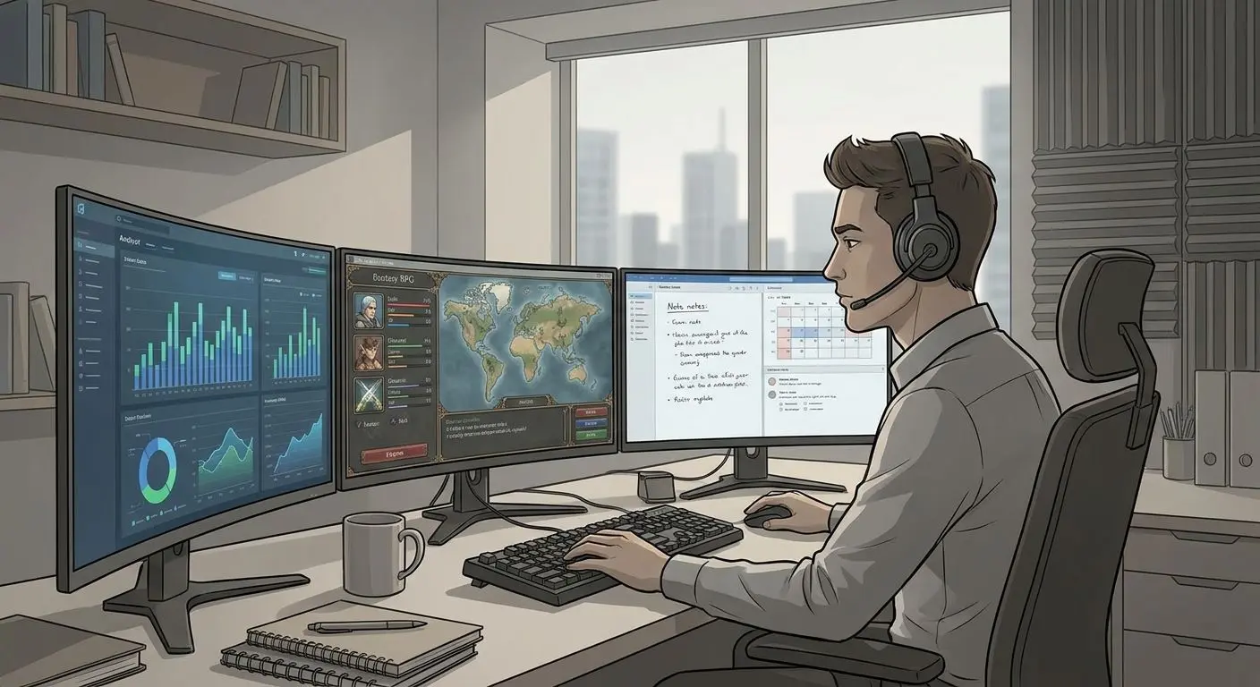 Fictional iGaming analyst reviewing slot content at a desk