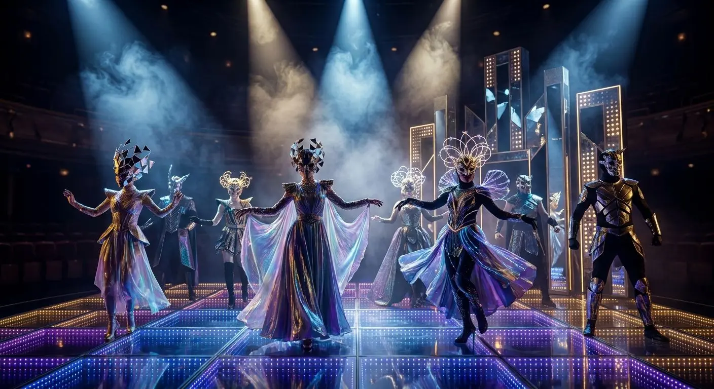 Masked performers on a theatrical stage inspired by TV entertainment shows