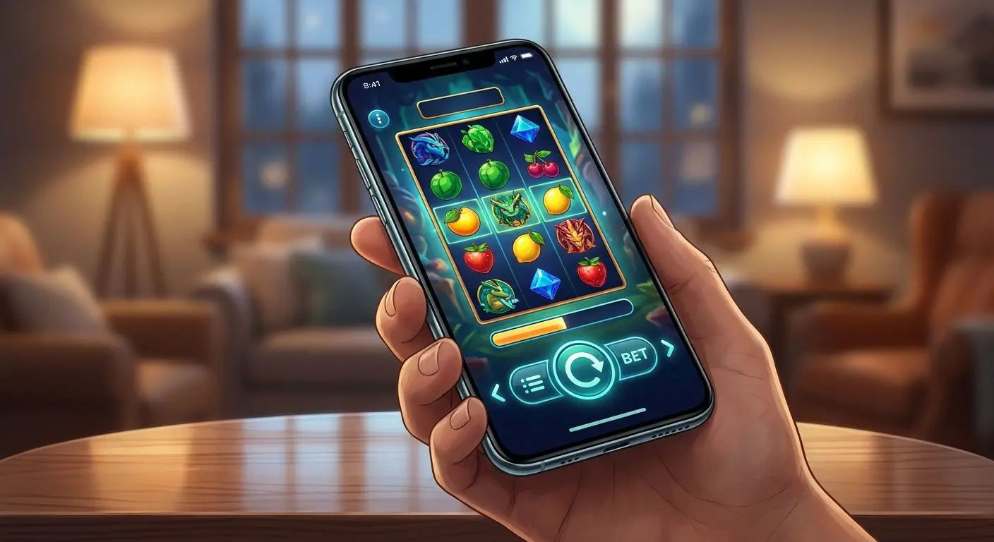 Mobile phone displaying a colourful reel game with touch-friendly controls