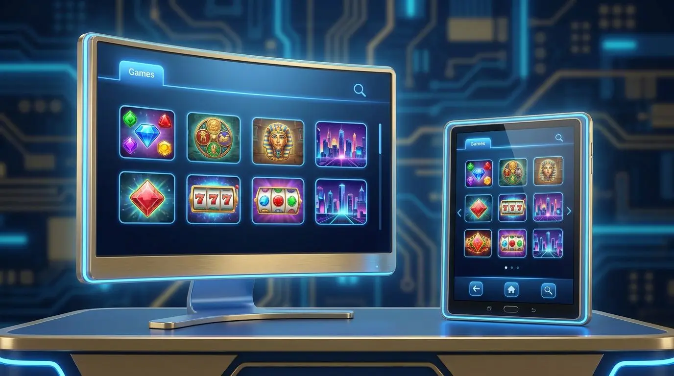 Online slot lobby collage with desktop and tablet game selection screens