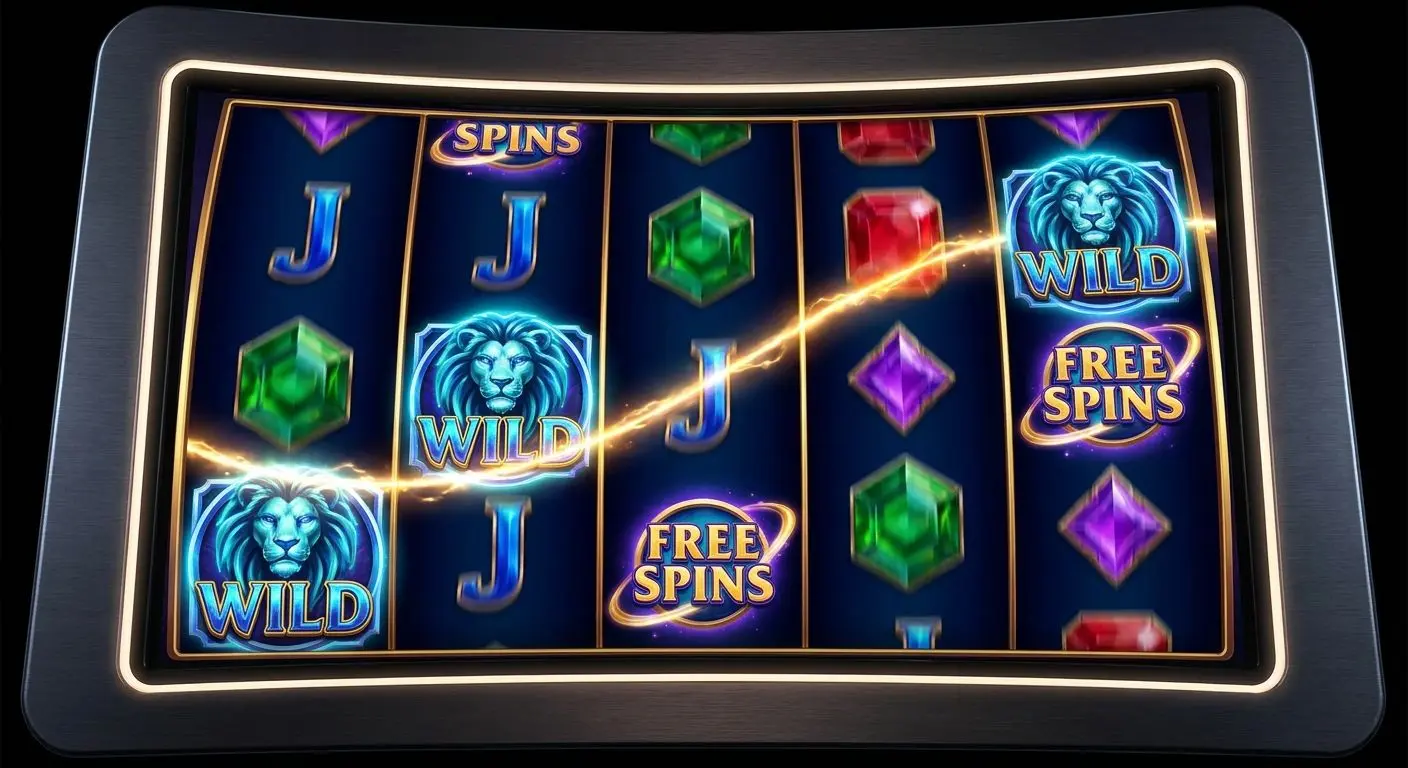 Close-up of slot reels with wild symbols and a free spins feature active