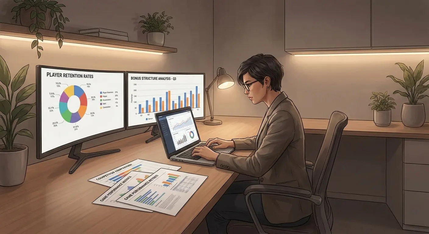 Fictional analyst reviewing bonus data on a laptop